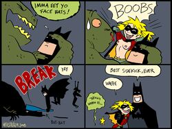 00s 1girls 2000s 2008 2boys batman batman_(series) blonde_hair breasts bruce_wayne comic cute dc dc_comics dialogue female flashing flashing_breasts happy harley_quinn head_pat hellstroem hug killer_croc male nipples robin_(dc) robin_(dc)_(other) smile speech_bubble