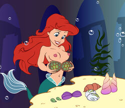 1girls adamantp areolae ariel breasts disney disney_princess erect_nipples female female_only hair mermaid nipples red_hair seashell_bra small_breasts solo the_little_mermaid topless underwater