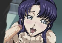 1girls blue_eyes blue_hair blush cecile_croomy censored code_geass cupping_hands imminent_facial imminent_orgasm open_mouth penis photoshop solo warainaku