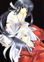 1boy 1girls black_hair cleavage clothed clothes comic cover doujin female fully_clothed hakama inugami_(doujin) inuyasha inuyasha_(character) japanese_clothes japanese_text kikyo_(inuyasha) kimono kyougetsutei long_hair male miko miyashita_miki mochizuki_nana nail_polish necklace purple_eyes simple_background sitting text tied_hair white_hair yellow_eyes