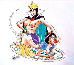 2girls all_fours apple apple_gag ass breasts cleavage clothes crown disney disney_princess disney_villains erect_nipples female female_only femdom femsub gag gagged human insertion karstens magic_mirror milf multiple_females multiple_girls nipples platter snow_white_(disney) snow_white_and_the_seven_dwarfs spank spanking step-incest stepmother_and_stepdaughter teenager the_evil_queen topless yuri