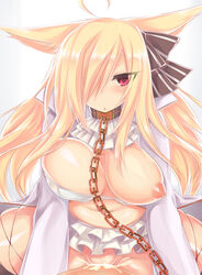 ahoge animal_ears areolae belly blonde_hair blush bow breasts bursting_breasts chains cleavage collar cowgirl_position cum cum_in_pussy female fox_ears hair_ornament hairbow heart heart-shaped_pupils highres inverted_nipples large_breasts long_hair looking_at_viewer nipples open_mouth original plump puffy_nipples ruuku_(azukieru) sex solo straddling symbol-shaped_pupils thick_thighs thighhighs unaligned_breasts wide_hips