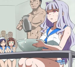 3girls 4boys amami_haruka blue_hair brown_eyes brown_hair cum_in_container cum_in_cup disgusted green_eyes hairband idolmaster kisaragi_chihaya long_hair midriff multiple_girls open_mouth pink_eyes pitcher puge purple_hair sailor_swimsuit_(idolmaster) shijou_takane short_hair silver_hair sweat thigh_gap wide_eyed