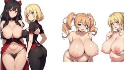 2girls ai_assisted black_hair blonde_hair blue_eyes change cleavage clothed colossal_breasts completely_nude cossia couple flower_in_hair growth growth_sequence heterochromia huge_ass huge_boobs huge_breasts huge_butt red_eyes taller_female taller_girl voluptuous voluptuous_female