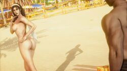 1boy 1girls asian asian_female ass ass_focus beach black_hair brown_eyes cleavage exhibitionism headband heels japanese_female jun_kazama kazama_jun large_breasts looking_at_another milf mother nipples nude nude_female nudity sand surprised tan_body tanline tekken tekken_8 thick_thighs voyeur