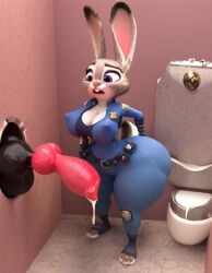 ai_generated bathroom big_breasts bottom_heavy canine_penis cleavage glory_hole huge_ass huge_cock imminent_sex judy_hopps knot lagomorph nipple_bulge nipples police_badge police_uniform precum purple_eyes red_rocket shocked_expression thick_thighs toilet wide_hips zootopia