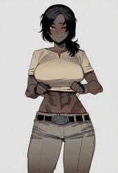 ai_generated alternate_attire alternate_outfit angeline_(hismajestyii) assassin's_creed_(series) brown_shirt burlap_shirt crop-top dark-skinned_female dark_skin exposed_hips hips hismajestyii medium_breasts novelai original original_character pants slim slim_female slim_figure tan_shirt wide_hips