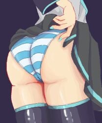 1girls ass ass_focus female from_behind hatsune_miku lifted_by_self lifting_skirt panties skindentation skirt skirt_lift skirt_up sole_female striped_panties thick_thighs thighhighs thighs treepxiv vocaloid