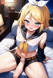 1futa ai_generated balls big_penis blonde_hair blue_eyes blush clothing cock dickgirl erection foreskin futa_only futanari high-angle_view huge_cock indoors kagamine_rin light-skinned_futanari light_skin looking_at_viewer penis precum roxygtf short_hair sitting small_breasts solo sweat sweating sweaty_body vocaloid