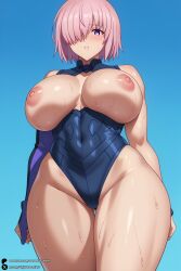 1girls ai_generated ass_visible_through_thighs bangs bare_shoulders black_leotard blue_background blush breasts breasts_out covered_navel elbow_gloves fate/grand_order fate_(series) gloves hair_over_one_eye highleg highleg_leotard large_breasts leotard light_purple_hair looking_at_viewer mash_kyrielight nipples parted_lips pink_hair purple_eyes short_hair solo sweat thighs unjobdespiert