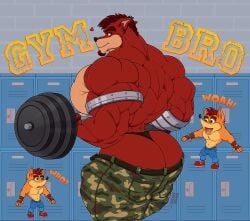 2020s 2024 2boys ass ass_cleavage bandicoot bara big_ass black_thong blue_eyes bulge butt_crack camo_print camouflage_pants chin_tuft crash_(series) crash_bandicoot crunch_bandicoot erection_under_clothes exercise gay green_eyes heart kamui_behemoth locker_room male male_only marsupial muscular nipples robotic_arm thong video_games workout yaoi