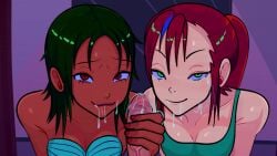 1boy 2girls animated blue_eyes bob_cut cum cum_in_mouth cum_on_face cumshot dark-skinned_female deepthroat double_blowjob double_fellatio group_sex handjob large_penis magibauble magibawble oral original_character ponytail red_eyes red_hair sloppy_blowjob tagme taking_turns threesome video