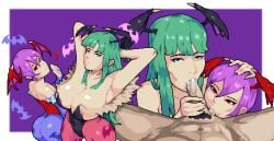 anon anonymous_male arms_behind_back arms_behind_head arms_up baldur_89 ball_sucking balls big_ass big_breasts blowjob blowjob_face cleavage cum cum_in_mouth cum_inside darkstalkers duo duo_female duo_focus green_eyes green_hair hand_on_head handjob kuudere lilith_aensland long_hair morrigan_aensland muscular muscular_male pixel_(artwork) pixel_art pov pov_eye_contact pov_male purple_hair pushing pushing_head red_eyes short_hair smirk smirking smirking_at_viewer staring succubi succubus succubus_costume succubus_horns succubus_queen succubus_tail succubus_wings sucking sucking_balls sucking_penis sucking_testicles unamused unimpressed wings