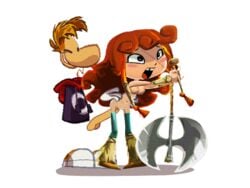 1boy 1girls anal animated axe barbara_(rayman) barbarian breasts female footwear helmet hoodie human male minus8 nipples penis rayman rayman_(series) rayman_legends red_hair sex weapon