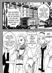 3girls against_wall comic commentary dialogue drink english_text hallway holding_object hospital ino_yamanaka monochrome multiple_girls naruto naruto:_the_last naruto_(series) naruto_shippuden ninrubio sakura_haruno story teacher_and_student text translated tsunade