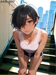 1girls ai_generated ainoob17 dark_hair freckles short_hair solo sweat taina tan_body tan_lines tan_skin tomboy