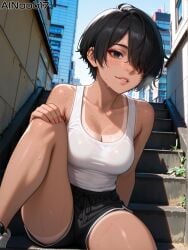 1girls ai_generated ainoob17 dark_hair freckles short_hair smile solo sweat taina tan_body tan_lines tan_skin tomboy