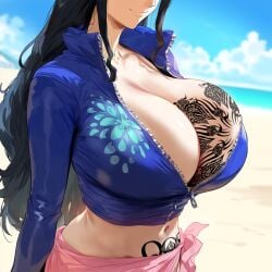 1girls ai_generated big_breasts black_hair breast_focus breasts close-up cropped_jacket himeno huge_breasts light-skinned_female light_skin nico_robin one_piece pawg qos qos_tattoo queen_of_spades queen_of_spades_symbol queen_of_spades_tattoo skirt snowbunny solo solo_female