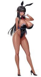 1girls bare_shoulders big_breasts black_hair blue_eyes breasts bunny_ears bunny_girl bunnysuit cleavage curvy curvy_female dark-skinned_female dark_elf dark_skin derauea detached_collar detached_sleeves elf elf_female elf_girl female female_only fishnet_legwear fishnet_stockings fishnets full_body game_cg hair_ribbon high_heels huge_breasts large_breasts lingerie long_hair looking_at_viewer milk_factory motto!_haramase!_honoo_no_oppai_isekai_oppai_bunny_gakuen! official_art png raelda_le_failda shiny_breasts shiny_skin solo standing teenager thighs transparent_background younger_female