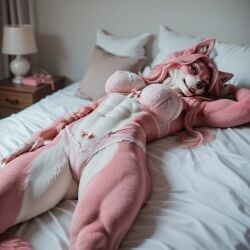 , ; ai_generated anthro athletic_female darksorceress fur furry large_breasts lingerie long_hair looking_at_viewer pink_fur pink_hair white_fur wolf wolf_girl