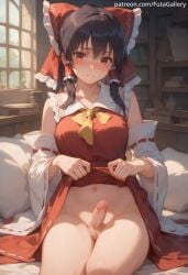 1futa ai_generated bedroom big_breasts blush blush breasts dickgirl erection futa_only futanari genitals hakurei_reimu hi_res huge_breasts indoors long_hair looking_at_viewer masturbation original penis solo testicles thick_thighs touhou uncensored underwear wide_hips young