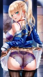 1girls ass blonde_hair blue_jacket blush bra braid breasts brown_skirt choker clothes_lift clothes_pull commentary_request commission cowboy_shot curvy eyelashes floral_print frilled_skirt frills from_behind green_eyes half_up_braid heaven_burns_red high_ponytail highres jacket lace-trimmed_bra lace-trimmed_panties lace_trim large_breasts lifting_own_clothes lingerie long_hair long_sleeves looking_at_viewer looking_back naughty_face noir_(nowaru) open_mouth outdoors paid_reward_available panties pantyhose pantyhose_pull plaid_clothes plaid_skirt pleated_skirt ponytail purple_bra purple_panties pussy_juice red_choker school_uniform see-through_clothes skeb_commission skirt skirt_lift smile solo toujou_tsukasa tsurime underwear v-shaped_eyebrows wet wet_clothes wet_panties