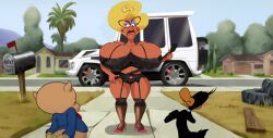 1girls black_bra black_panties blonde_hair blue_eyeshadow bra eyeshadow gigantic_breasts high_heels looking_at_another looney_tunes mature_female mrs._grecht open_mouth outdoors screenshot_edit standing the_day_the_earth_blew_up:_a_looney_tunes_movie