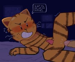 2boys anthro bad_anatomy bed_sheet black_stripes canine dogman_(character) dogman_(series) feline feline_penis fur gay_anal gay_sex nervous_smile on_bed on_side orange_fur petey_the_cat spread_legs sweating tacosprinks text_box