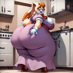 ai_generated anthro ascot ass back_fat bbw beige_fur big_belly big_breasts big_butt blush breasts butt dress embarrassed embarrassed_female fat fat_folds female female_anthro flabby_arms flabby_legs groping_own_ass hand_on_butt hazel_eyes hips huge_ass huge_breasts huge_butt kitchen lagomorph lavender_dress obese obese_anthro obese_female orange_ascot orange_hair overweight overweight_anthro overweight_female red_high_heels solo solo_female sonic_(series) sonic_the_hedgehog_(series) ssbbw thick_thighs thighs vanilla_the_rabbit weight_conscious white_gloves wide_hips