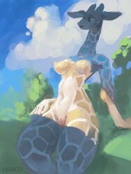 2025 3:4 7b7a2f absurd_res anthro biped breasts casual_nudity cloud digital_media_(artwork) digital_painting_(artwork) female genitals giraffe giraffid hand_on_leg hand_on_thigh hi_res horn humanoid_genitalia humanoid_pussy long_ears long_neck looking_away mammal markings nipples nude ossicone outside painting_(artwork) pussy shaded simple_background sky solo spots spotted_body tan_body thick_thighs watermark