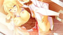 areolae blonde_hair blue_eyes blush bra bra_lift breast_grab breasts censored clothed_sex female furoura_aruse_noriumu_neon game_cg highres kinta large_breasts leg_up legs long_hair mayachi_(amuriya) mosaic_censoring nipples no_panties open_clothes open_mouth penis pussy school_uniform sex skirt thighs vaginal_penetration valkyrie_runabout!