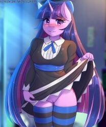 2022 anthro blush breasts clothed clothing cosplay crossover crossover_cosplay equid equine female friendship_is_magic genitals hasbro hi_res horn legwear looking_at_viewer mammal my_little_pony panty_&_stocking_with_garterbelt pattern_clothing pattern_legwear purple_body purple_eyes pussy raised_clothing solo stocking_anarchy stocking_anarchy_(cosplay) striped_clothing striped_legwear stripes twilight_sparkle_(mlp) twistedscarlett60 uncensored unicorn