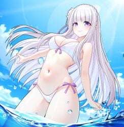 1girls beach belly breasts cleavage elf elf_ears elf_female emilia_(re:zero) merueru purple_eyes re:zero_kara_hajimeru_isekai_seikatsu sea silver_hair solo standing swimsuit thick_thighs