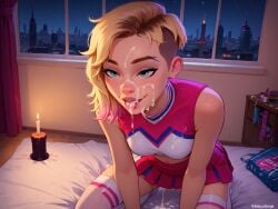 ai_generated cheerleader cum_in_mouth cum_on_face gwen_stacy spider-gwen