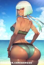 ai_generated beach big_ass big_breasts big_butt big_thighs bikini blush dark-skinned_female dark_skin emerald_sustrai from_behind from_behind_position green_hair huge_ass huge_breasts huge_butt huge_thighs outdoors red_eyes rwby swimsuit wanuze wide_hips