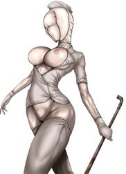 1girls breasts breasts_out bubble_head_nurse clothed crowbar female gloves huge_breasts jagi_(nexboy) konami mask monster_girl nipples nurse nurse_(silent_hill) open_clothes open_shirt pussy shirt silent_hill silent_hill_2 solo thighhighs veins white_gloves