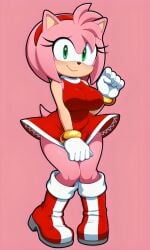 5_fingers ai_generated amy_rose blush boots clothed covered_crotch curvy dress female gloves green_eyes hairband hedgehog hedgehog_girl holding_dress looking_at_viewer pink_background pink_fur pixai red_boots red_dress red_hairband rings simple_background slightly_embarrassed smile solo sonic_(series) sonic_the_hedgehog_(series) white_gloves wrist_rings