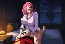 1girls accurate_art_style ai_generated ass ass_focus big_ass big_breasts clothed clothed_sex clothing erect_nipples female hourglass_figure lips missionary_position monkey_d_luffy one_piece pink_hair plump plump_lips riding sex tattoo tattoo_on_legs vinsmoke_reiju wide_hips