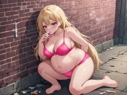 ai_generated alley alleyway bad_parenting barefoot blonde_hair cigarette dirty lingerie pink_bra pink_eyes pink_panties pregnant prostitute prostitution