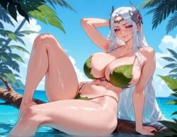 1girls ai_generated ass balecxi big_ass big_breasts bikini blue_eyes breast_focus breasts bunnysuit hair_ornament irelia_xan leaf leaf_clothing league_of_legends looking_at_viewer ocean pinup_pose riot_games seductive seductive_look seductive_smile shiny shiny_skin smile sweat tropical water white_hair