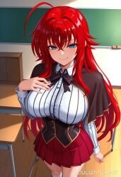 ahoge ai_generated bangs black_bow black_bowtie black_capelet blue_eyes blush bow bowtie breasts brown_capelet capelet chair chalkboard classroom closed_mouth collared_shirt corset crossed_bangs desk female hair_between_eyes hand_on_own_chest high_school_dxd huge_ahoge indoors juliatitusart large_breasts long_hair long_sleeves looking_at_viewer miniskirt patreon_username pleated_skirt red_hair red_skirt rias_gremory school_desk school_uniform shirt sidelocks skirt smile solo standing thighhighs underbust very_long_hair white_shirt white_thighhighs zettai_ryouiki