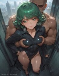 1boy 1boy1girl 1girls ai_generated big_ass cameltoe curvaceous curvy dark-skinned_male dark_skin grabbing grabbing_breasts grabbing_from_behind green_eyes green_hair interracial light-skinned_female light_skin looking_away loving_it mature_female medium_breasts navel one-punch_man one_hand_on_hip patreon patreon_username pussy short_hair small_breasts smirk smug sogo tatsumaki thick_thighs tight_clothing wide_hips