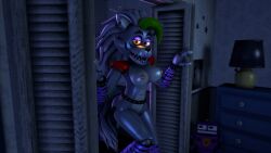 3d 4k disboi215 ear_piercing earrings five_nights_at_freddy's five_nights_at_freddy's:_security_breach five_nights_at_freddy's_4 fnaf glowing_eyes green_hair grey_body grey_hair highres hourglass_figure lipstick looking_at_viewer naked naked_female pink_nipples purple_lipstick red_shoulder_pads roxanne_wolf_(fnaf) sfm sharp_claws sharp_teeth shiny_body shiny_skin shoulder_pads silver_body silver_hair solo source_filmmaker spiked_belt spiked_bracelet wolf wolf_ears wolf_girl wolf_tail yellow_eyes