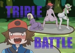 big_ass big_breasts blush blush blush_lines facing_away facing_forward full_color gardevoir gothitelle hilbert_(pokemon) jynx nasty_byte pokemon pokemon_trainer seductive seductive_pose twerking