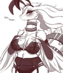 2022 anthro blush bra breasts chest_tuft clothing dragon english_text eyelashes eyeshadow fake_ears fake_rabbit_ears female flowing_hair fluffy fur furred_dragon furred_scalie garter_belt garter_straps generation_5_pokemon greeting hair hand_on_breast hi_res juppi lace_bra legendary_pokemon lingerie looking_at_viewer makeup mature_female monochrome mythological_creature mythological_scalie mythology navel nintendo open_mouth panties pokemon pokemon_(species) pupils reshiram scalie seductive simple_background sketch slightly_open_mouth slit_pupils solo standing talking_to_viewer text tuft underwear white_background