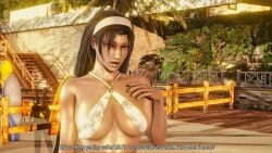 1boy 1girls asian asian_female bikini black_hair brown_eyes caption cleavage english_text headband heels japanese_female jun_kazama kazama_jun large_breasts looking_at_viewer milf mother sand surprised tan_body tanline tekken tekken_8 thick_thighs underboob