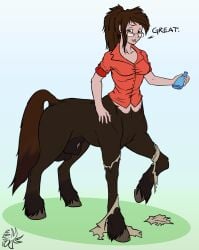 1futa 2018 5_fingers after_transformation allotropys amber_vos_(skanra) animal_genitalia balls bottomwear brown_body brown_eyes brown_fur brown_hair brown_tail centaur clothed clothing colored digital_drawing_(artwork) digital_media_(artwork) english_text equid equid_taur equine_genitalia european_mythology eyebrows eyewear fingers full-length_portrait fully_sheathed fur futa_only futanari genitals glasses greek_mythology gynomorph hair holding_object hooves horse_tail human_torso humanoid_taur intersex maddworld mammal mammal_taur mythology pants ponytail portrait raised_hoof red_clothing red_shirt red_topwear sheath shirt signature simple_background solo speech_bubble standing tail taur text topwear torn_bottomwear torn_clothing torn_pants