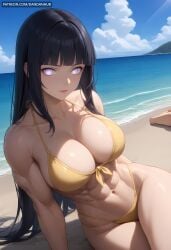 abs ai_generated bangs bare_shoulders beach bikini black_hair blue_sky blunt_bangs boruto:_naruto_next_generations breasts cleavage closed_mouth cloud collarbone dandanhub day female highleg hyuuga_hinata large_breasts lips long_hair looking_at_viewer muscular muscular_female naruto naruto_(series) naruto_shippuden navel ocean outdoors patreon_username purple_eyes sitting sky smile solo swimsuit thighs yellow_bikini