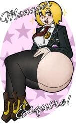 1girls acubedpersonoid ass ass_focus breasts brown_eyes bubble_butt don_quixote_(limbus_company) female female_only limbus_company project_moon short_hair smile text thicc thick_ass thick_thighs thighhighs yellow_hair