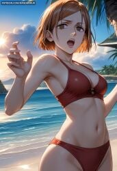 ai_generated armpits bangs bare_shoulders beach bikini breasts brown_eyes brown_hair cleavage cloud collarbone dandanhub day female jujutsu_kaisen kugisaki_nobara looking_at_viewer medium_breasts navel ocean open_mouth outdoors palm_tree red_bikini sand short_hair sky solo stomach sun sunlight swimsuit teeth tree